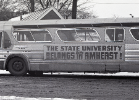 A bus placard expresses a point of view on the location of a second UB campus.