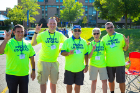 These proud UB alumni volunteered to help direct traffic during move-in weekend. From left: Joseph Rizzo, EDM '15, BS '12; Rob Kurzdorfer, BS '11; Joe Rich, MBA '78, EDM '74, BS '68; Theresa Palmieri, BS '86; and Mike Panzica, '74. Photo: Douglas Levere 