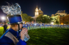 UB's Thunder of the East marching band performs during the pep rally Friday night in Mardi Gras Park. Photo: Mark Wallheiser