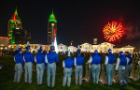 The University of Buffalo Thunder of the East band watch the fireworks as they play for a pep rally in Mardi Gras Park after the "This is Alabama Mardi Gras Parade" in downtown Mobile, AL. December 21, 2018. The Bulls are in town to compete in the Dollar General Bowl.
