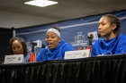 From left: Coach Felisha Legette-Jack, Cierra Dillard and Summer Hemphill discuss the Bulls' victory at a post-game press conference after the Rutgers game. Photo: Meredith Forrest Kulwicki