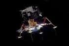The Apollo 11 Lunar Module Eagle, in a landing configuration, photographed in lunar orbit from the Command and Service Module Columbia. Inside the module were Armstrong and Aldrin. Photo: NASA