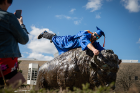 At the Center for the Arts, the Bronze Buffalo provides the quintessential graduation photo prop. David Hooper, who earned a BS in engineering, demonstrates the "Flying Bull" pose. Photo: Meredith Forrest Kulwicki