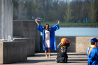 Chidubem Okorozo, who earned a degree in chemical engineering, opted for the timeless "Victory" pose at Baird Point as fellow 2020 grad Oluwatoyosi Oladepo takes the photo. Oladepo studied computer science and media study. Photo: Meredith Forrest Kulwicki