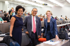 L to R: Ruth S. Shim, dean of diverse and inclusive education and Luke & Grace Kim Professor in Cultural Psychiatry at the University of California, Davis; President Satish K. Tripathi and Allison Brashear, vice president for health sciences and dean of the Jacobs School.