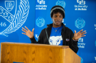 Becky Paul-Odionhin, president of the undergraduate Student Association, offers remarks during the ceremony.
