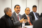 After his arrival on campus, Chancellor John B. King Jr. (second from left) met with President Satish K. Tripathi (second from right) and Provost A. Scott Weber, along with vice presidents, vice provosts and deans. Also pictured are SUNY Trustee Eunice Lewin (far left) and Venu Govindaraju (far right), vice president for research and economic development.