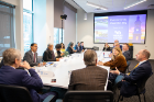 During lunch at the Center of Excellence in Bioinformatics and Life Sciences on the Downtown Campus, discussion focused on business, industry, health care and educational partnerships.