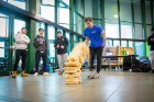 Also on Thursday, a real crowd pleaser: Giant Jenga, presented by IISE (Institute of Industrial and Systems Engineers). Photo: Douglas Levere