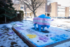 The Paint-a-Bull outside the Student Union reflects the transgender flag: five horizontal stripes of light blue, light pink and white.