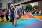 Students celebrate the rainbow crosswalk outside of the Student Union to support UB LGBTQ+ students.