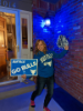 UB grad and her pup lit up their porch #UBTrueBlue and are full of pride for Homecoming and family weekend! 