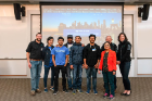 The recipients of the Blockchain Buildathon Grand 1st Prize pose with representatives from M&T Bank and faculty member Bina Ramamurthy.
