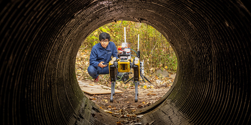 View from inside a dark, corrugated drainage pipe looking outward to a wooded area where astudent crouches beside a four-legged yellow-and-black robotic device with sensors and antennas, placed on leaf-covered ground. Surrounding vegetation shows autumn colors, with scattered rocks and debris visible outside the pipe.