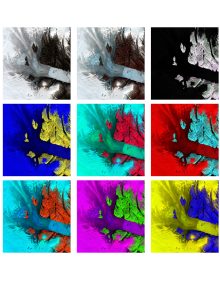 9 squares in a grid filled with different color satellite images of the Helheim glacier in Southwest Greenland. 