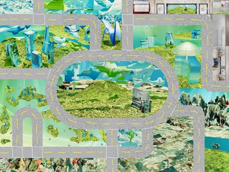 Car floor mat that includes roads with tiled 3D renderings in between. 