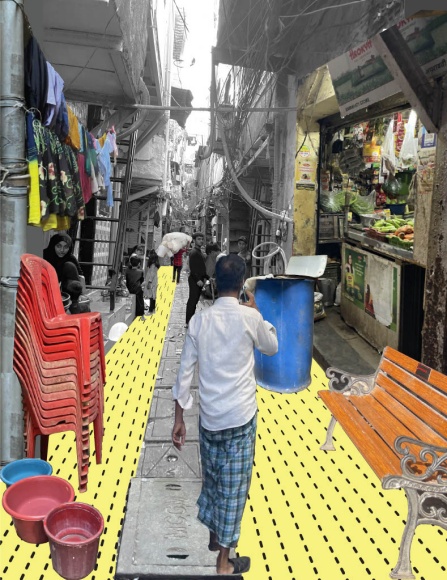 Digital illustration collage of an alley in Dharavi, India. 