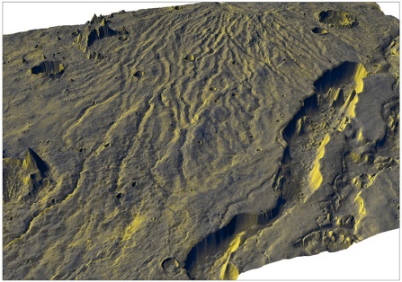 A 3D model of Hadriacus derived from the Mars Orbiter Laser Altimeter showing the volcano's unique geomorphology. 
