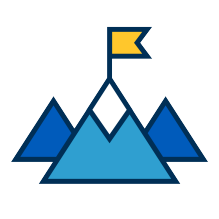 Icon of three mountains within one mountain having a flag sticking out of it. 