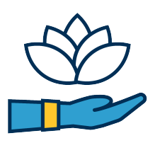 Icon of hand with lotus floating over it. 