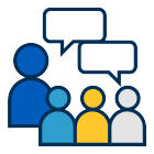 Icon of one person talking with three people. 