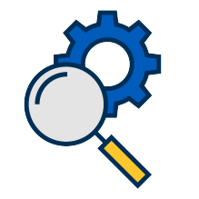 Icon of a magnifying glass looking at a gear. 