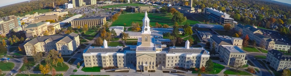 Aerial photo of UBs south campus with a clear sky. 
