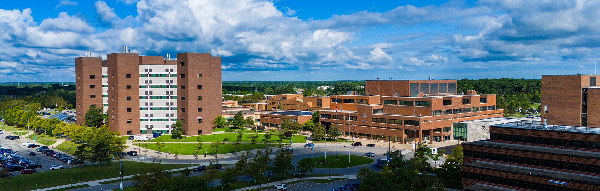 Exterior aerial image the North Campus in the fall taken in September 2023. Photographer: Douglas Levere. 