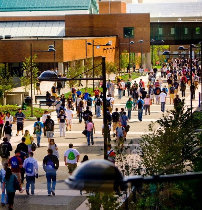 Photo of students walking in Founders Plaza, on UB's North Campus. 