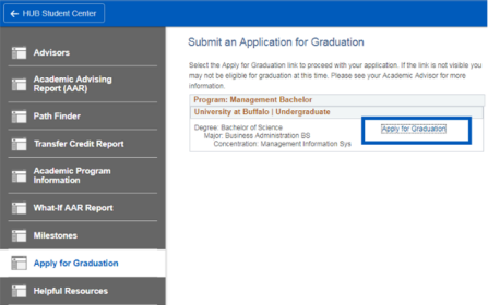 Screenshot of Submit an Application for Graduation screen with a box over Apply for Graduation hyperlink. 