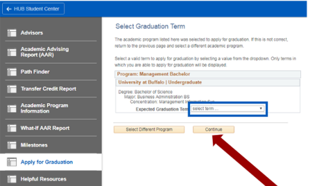 Screenshot of Select Graduation Term screen with box around drop down menu and an arrow pointing to the Continue button. 