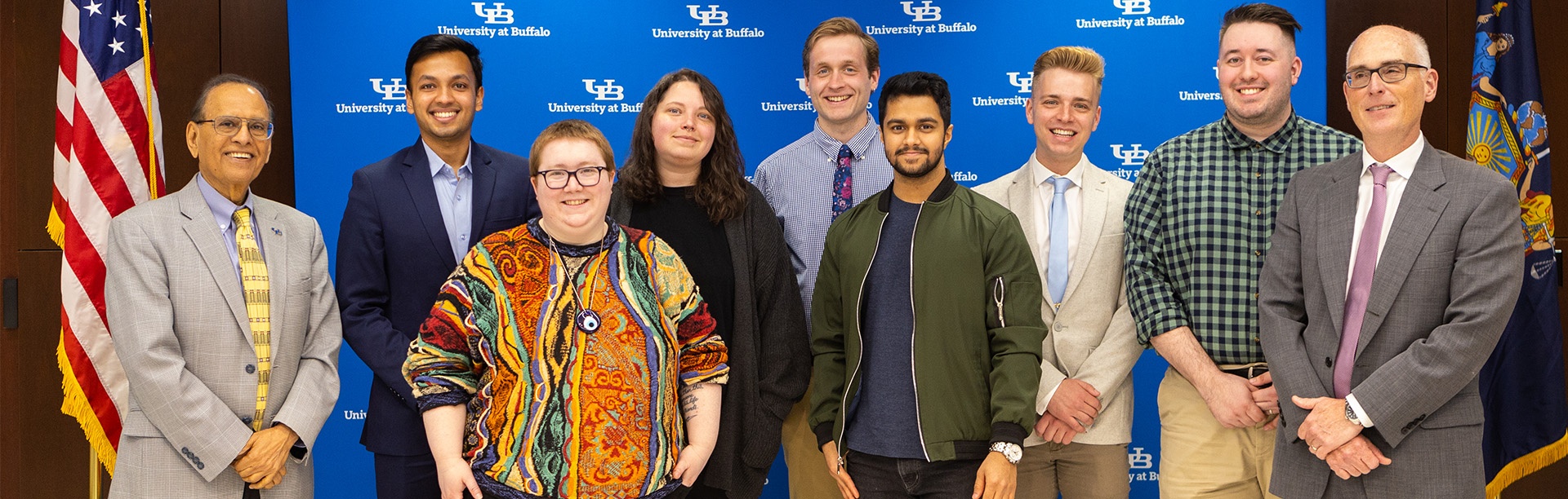 The recipients of the Excellence in Teaching Award for Graduate Teaching Assistants were honored in April 2023 at a luncheon in the Buffalo Room. Presented annually by the Graduate School, the award recognizes graduate students who have demonstrated exceptional performance in the execution of their teaching responsibilities. The winners, flanked by Satish K. Tripathi (left) and Graham Hammill, senior vice provost for faculty affairs and dean of the Graduate School (right), are (from left) Anarghya Das, Computer Science and Engineering; Meredith Cole, Geological Sciences; Callie Ingram, English; Collin O’Connor, Geography; Nitin Kulkarni, Computer Science and Engineering; Joel Kirk, Music; and Jamison Garcia Ramirez, Romance Languages and Literatures. Photographer: Douglas Levere. 
