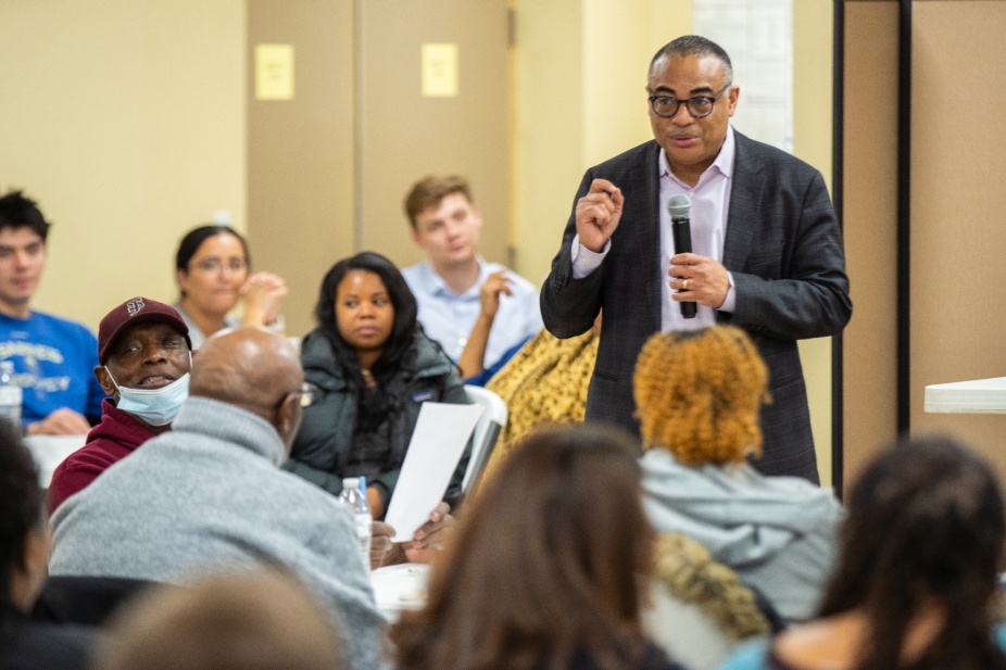 David A. Milling, MD, speaking at town hall. 