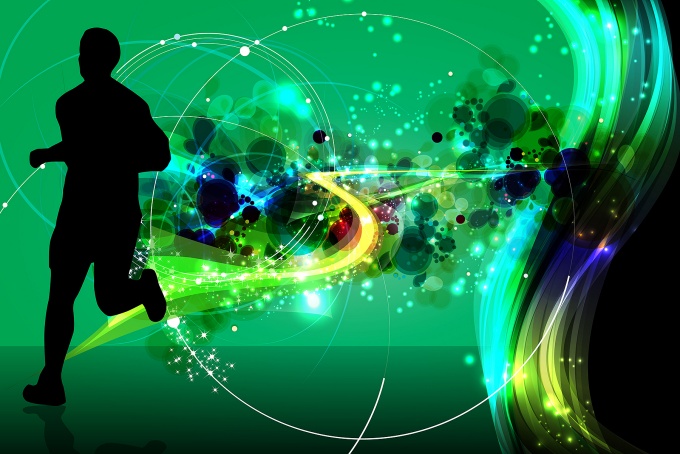 Silhouette of a runner on a colorful green background with yellow, blue and black patterns. 