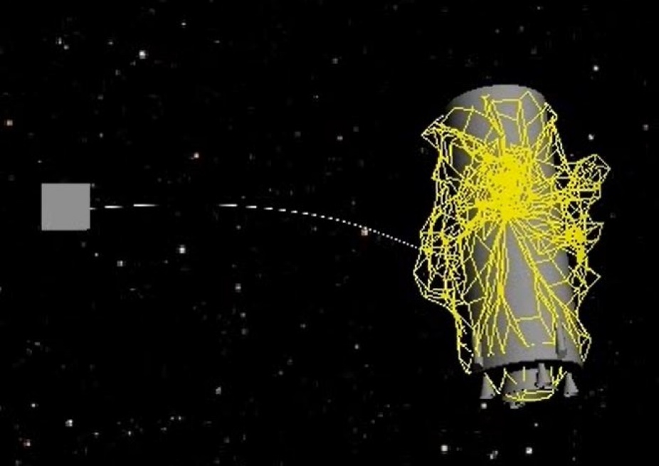 A rendering of a space tether net capturing a piece of debris. The tether system is a grey box that shoots out a big yellow net that's entangled around an oblong satellite. All of this is set against the backdrop of black, representing outer space. 