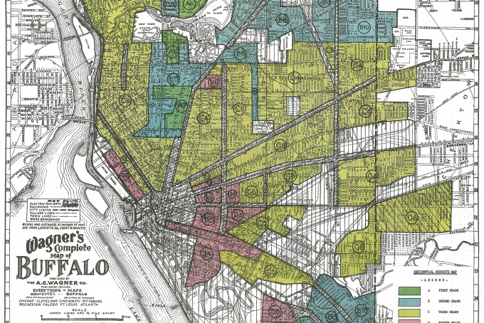 A 1937 map of Buffalo, NY with redlined neighborhoods. 