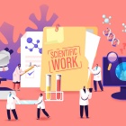 Concept of research featuring small figures and large microscope, computer screen, folder labeled "Scientific Work.". 