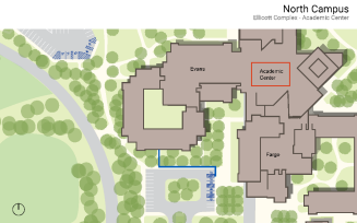 Zoom image: Map showing the location of the Academic Center in between Evans and Fargo in the Ellicott Complex.