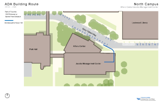 Zoom image: Map showing the shortest path to a barrier-free entrance in the Jacobs Managment Center and the Alfiero Center from accessible parking spaces.