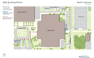 Zoom image: Map showing the two shortest paths to barrier-free entrances in Alumni Arena from accessible parking spaces.