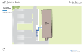 Zoom image: Map showing the shortest path to barrier-free entrances in Baird Research Park from accessible parking spaces.