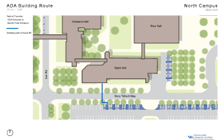 Zoom image: Map showing the shortest path to barrier-free entrances in Baird from accessible parking spaces.