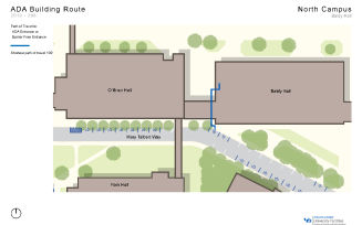 Zoom image: Map showing the shortest path to barrier-free entrances in Baldy from accessible parking spaces.