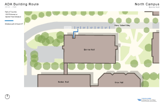 Zoom image: Map showing the shortest path to barrier-free entrances in Bonner Hall from accessible parking spaces.