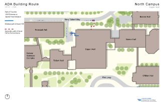 Zoom image: Map showing the shortest path to barrier-free entrances in Capen Hall from accessible parking spaces.