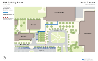 Zoom image: Map showing the two shortest paths to barrier-free entrances in Center for the Arts from accessible parking spaces.