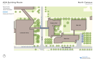 Zoom image: Map showing the shortest path to barrier-free entrances in Clemens from accessible parking spaces.