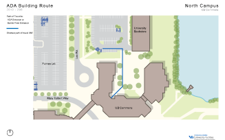 Zoom image: Map showing the shortest path to barrier-free entrances in Commons from accessible parking spaces.