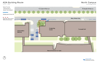 Zoom image: Map showing the two shortest paths to barrier-free entrances in Computing Center from accessible parking spaces.
