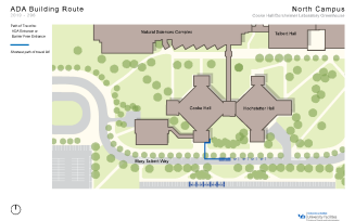 Zoom image: Map showing the shortest path to barrier-free entrances in Cooke from accessible parking spaces.